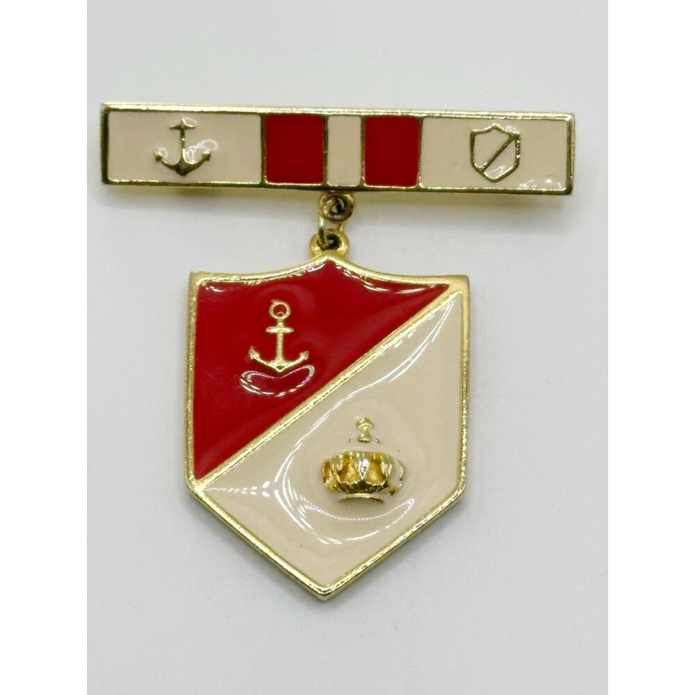 Vintage Red Cream Enamel and Gold Tone Coat of Arms Shield‎ Medal Brooch Pin